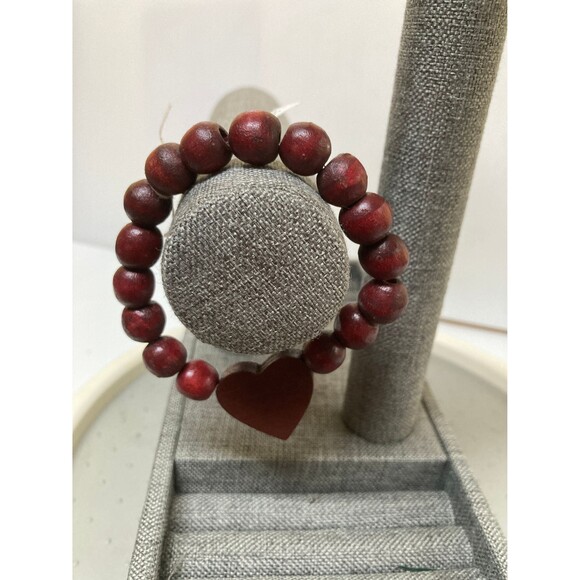 HEART Bracelet Love Romance Pendant Burgundy Red Wood Stretch 10mm Beads - Picture 3 of 7